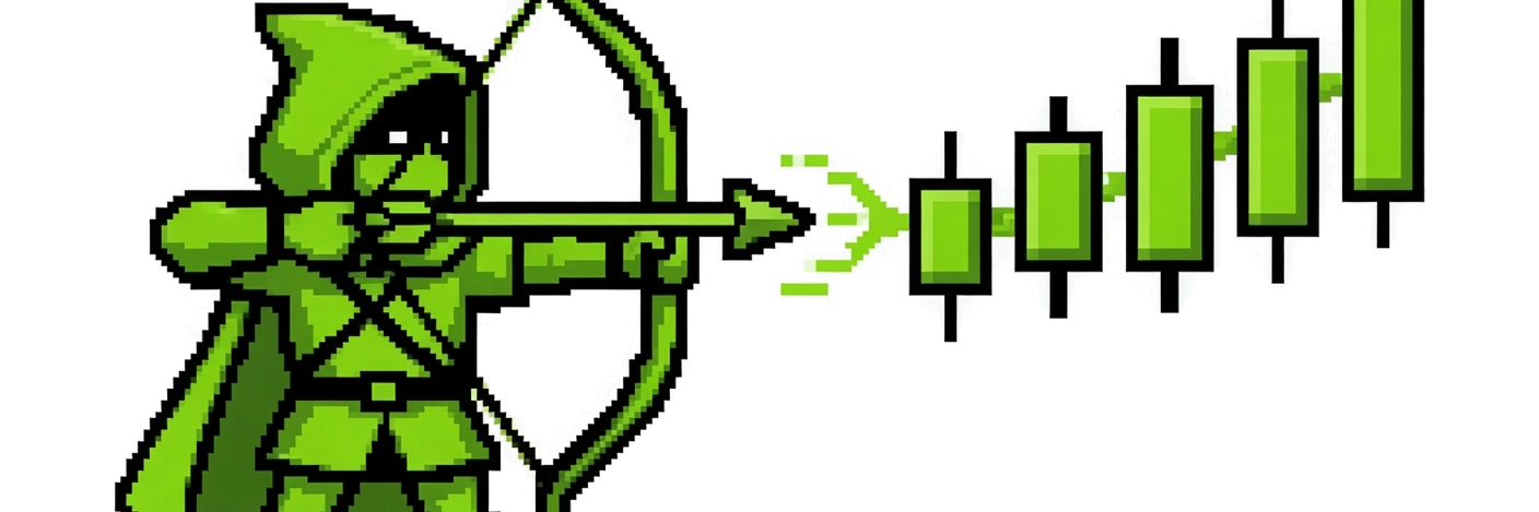 pixel archer firing an arrow that lands as rising green candlesticks