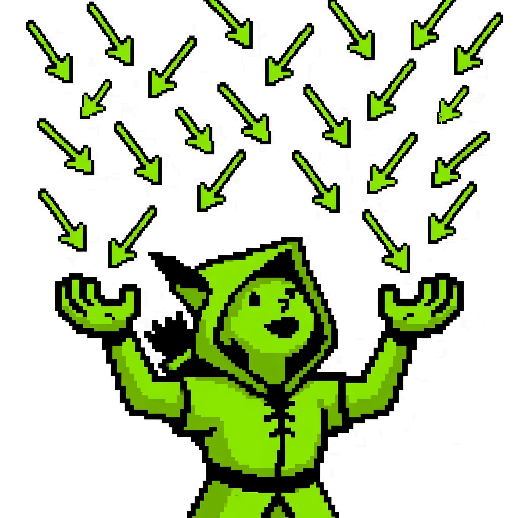pixel archer with open hands under a rain of green arrows