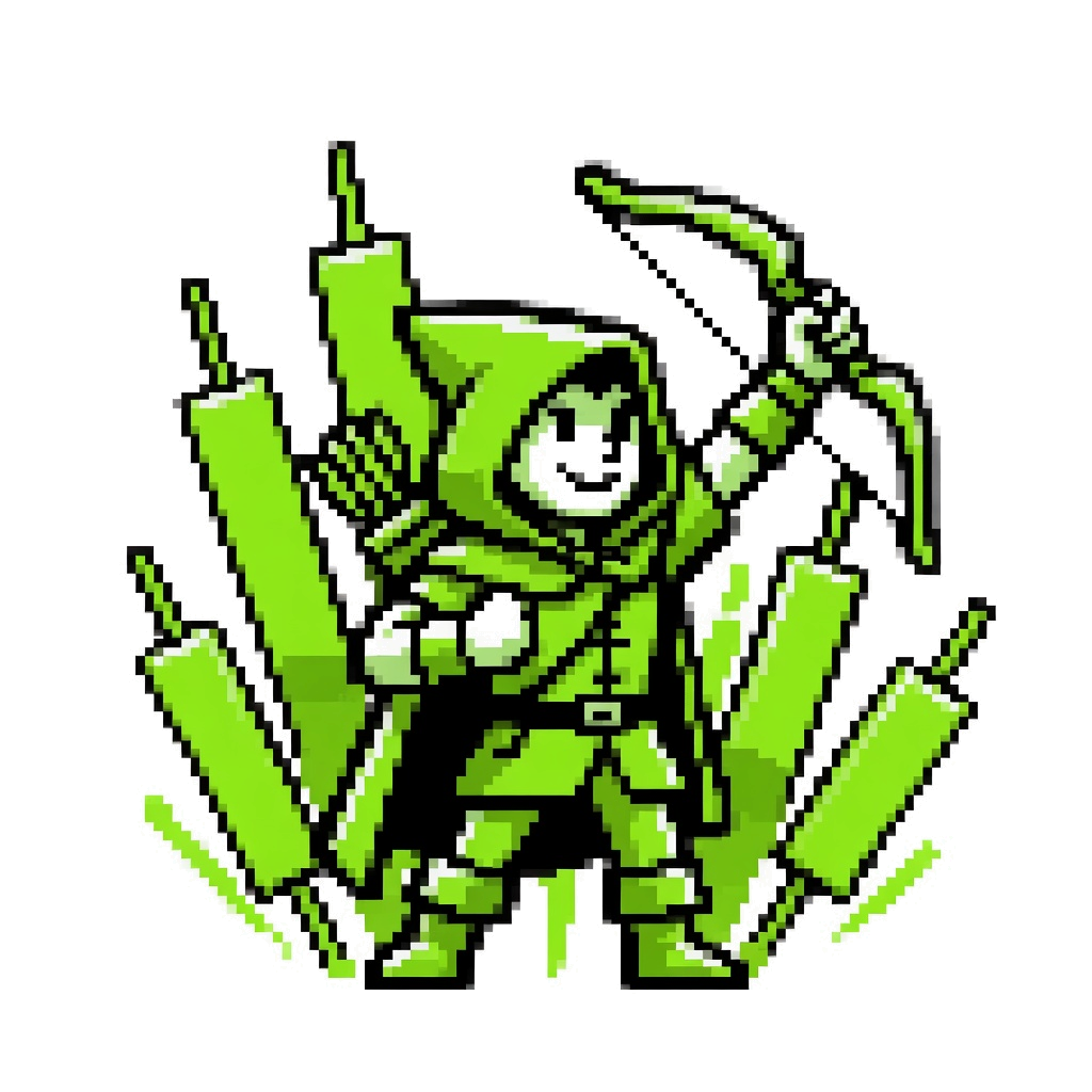 pixel archer raising a bow, standing among tall green candlesticks